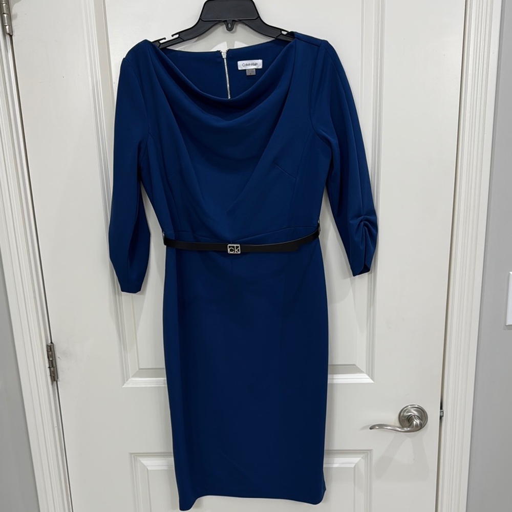 Calvin Klein Blue Sheath Dress with Cuffed Sleeves